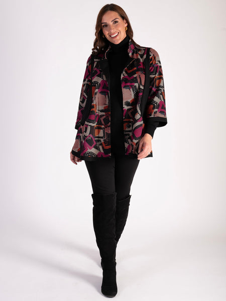 Ribbed Jersey Jacket with Black and Peony Abstract Design