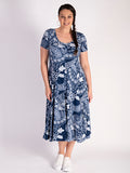 Denim Blue & White Patchwork Lace Print  Jersey Dress