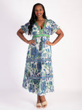 Pearl/Emerald Tiered Chiffon Maxi Dress with Short Frill Trimmed Sleeves and Metallic Detailing