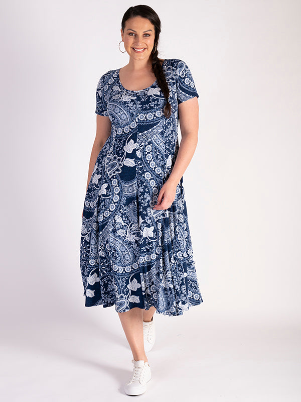 Denim Blue & White Patchwork Lace Print Jersey Dress Denim Blue & White Patchwork Lace Print Jersey Dress