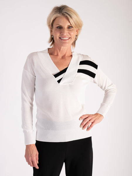 Effortless Chic: SS25 White/Black Stripe V-Neck Detail Jumper