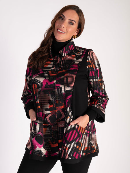 Ribbed Jersey Jacket with Black and Peony Abstract Design