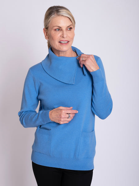 Sky Blue Split Zip Collar Jumper with Pockets