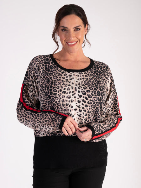 Black/Beige Leopard & Diamante With Black Panel Pullover