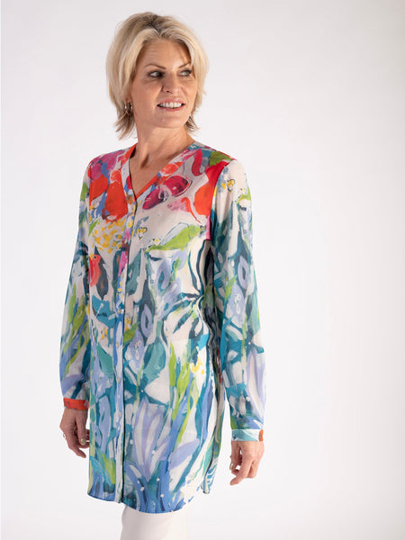 Vibrant Spring: SS25 Blue/Multi Abstract Floral Print Chiffon Shirt