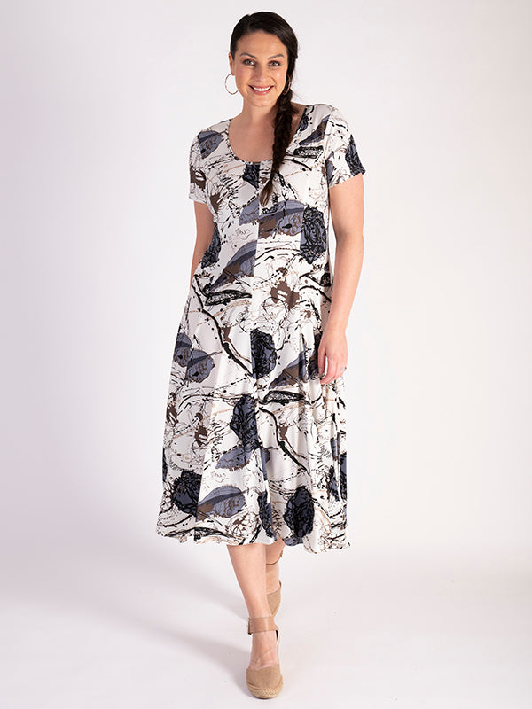 Ivory/Black Floral Scribble Print Panelled Jersey Dress | Chesca