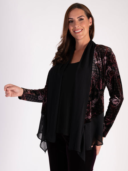 Claret and Pink Velvet Shrug with Renaissance Print and Chiffon Trim