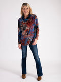 A Black/Cobalt/Copper Lace Batik Burnout Jersey Wrap Top