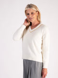Cream Soft Knit V Neck Sweater with Gold Chain Trim