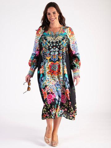 chesca linen dresses White/Blue Floral Meadow Print V-Neck Panelled Linen Dress