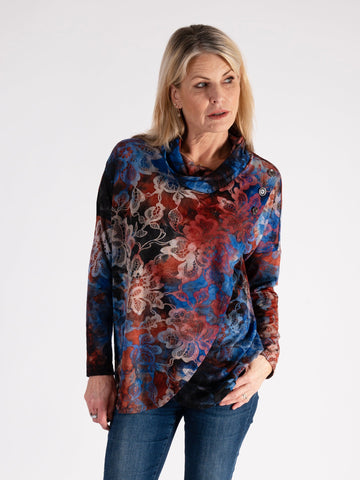 A Black/Cobalt/Copper Lace Batik Burnout Jersey Wrap Top