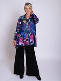 Blue/Violet Jewel Symphony Jacquard Semi-Sheer Blouse With Back Pleated Detail