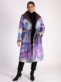 Eggplant/Watercolour Print Zip Front Quilted Reversible Long Coat