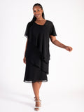 Glamorous Black Tiered Chiffon Dress with Asymmetric Neckline and Diamanté Shoulder Detail