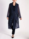 Dark Navy Chiffon Barrel Coat with Lace Chevron Inset Trim