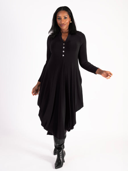 Black Jersey Drape Dress with Button Placket