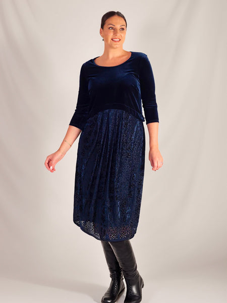 Navy Velvet Bodice Dress with a Velvet Devoree Skirt