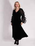 Black Stretch Velvet Dress with Crepe Chiffon Overarm Frill