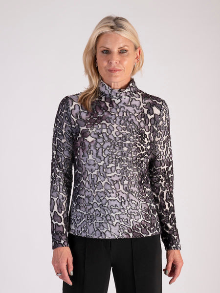 White/Grey Burnout Animal Print Cowl Neck Top
