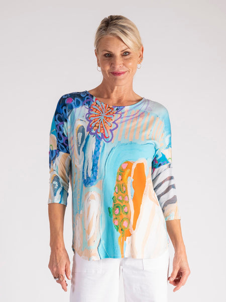 Sky/Multi Abstract Artistic Print Batwing Top