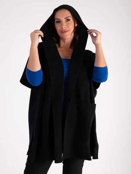Black Wool & Cashmere Blend Double-knit Hooded Sleeveless Cardigan