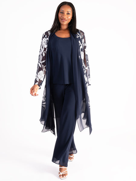 Navy/Silver Burnout Floral Leaf Coat with Chiffon Trim