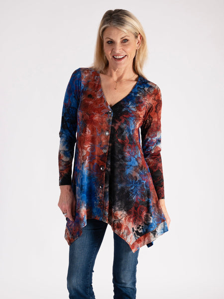 Black/Cobalt/Copper Lace Batik Burnout Jersey Cardigan
