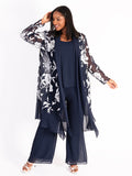 Navy/Silver Burnout Floral Leaf Coat with Chiffon Trim