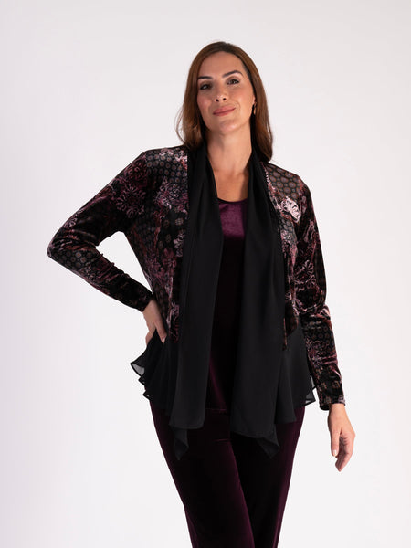Claret and Pink Velvet Shrug with Renaissance Print and Chiffon Trim