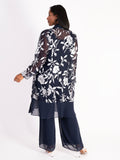 Navy/Silver Burnout Floral Leaf Coat with Chiffon Trim