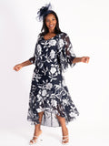 Navy/Silver Burnout Floral Leaf Dress and Jacket Set