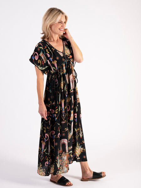 A Black/Multi Bohemian Print 100% Silk Dress with Plaited Cord Detail