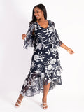 Navy/Silver Burnout Floral Leaf Dress and Jacket Set