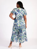 Pearl/Emerald Tiered Chiffon Maxi Dress with Short Frill Trimmed Sleeves and Metallic Detailing