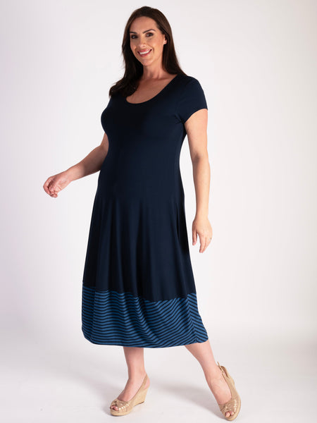 Navy/Blue Dress With Stripe Hem And Short Sleeve
