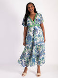 Pearl/Emerald Tiered Chiffon Maxi Dress with Short Frill Trimmed Sleeves and Metallic Detailing
