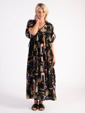 A Black/Multi Bohemian Print 100% Silk Dress with Plaited Cord Detail