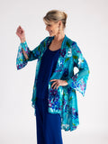 Teal/Multi Hand Painted Satin Devoree Jacket with Split Cuff Detail