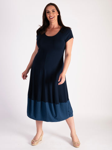 A Navy/Blue Dress With Stripe Hem And Short Sleeve
