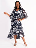 Navy/Silver Burnout Floral Leaf Dress and Jacket Set