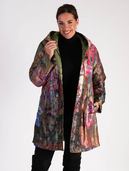 Grass Green/Marbled Print Zip Front Quilted Reversible Hooded Coat