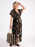 A Black/Multi Bohemian Print 100% Silk Dress with Plaited Cord Detail