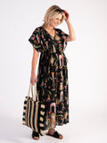 A Black/Multi Bohemian Print 100% Silk Dress with Plaited Cord Detail