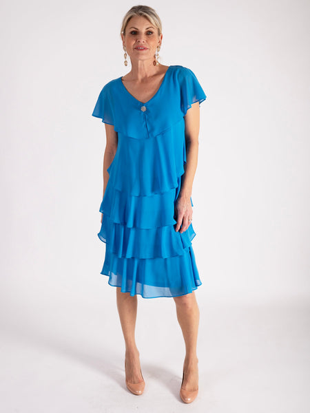 Azure Chiffon Multi Tiered Dress With Diamante Detail