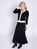 Black/Ivory Ribbed V Sweater with Brooch Details
