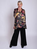 Black/Red Amber Symphony Jacquard Semi-Sheer Blouse With Back Pleated Detail