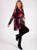 Black Rose Print Chiffon Blouse With Back Pleated Detail