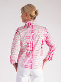 White/Fuchsia High Stand Collar Geometric Print Cotton Shirt