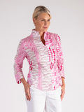 White/Fuchsia High Stand Collar Geometric Print Cotton Shirt