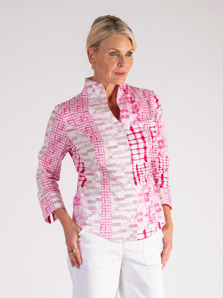 White/Fuchsia High Stand Collar Geometric Print Cotton Shirt